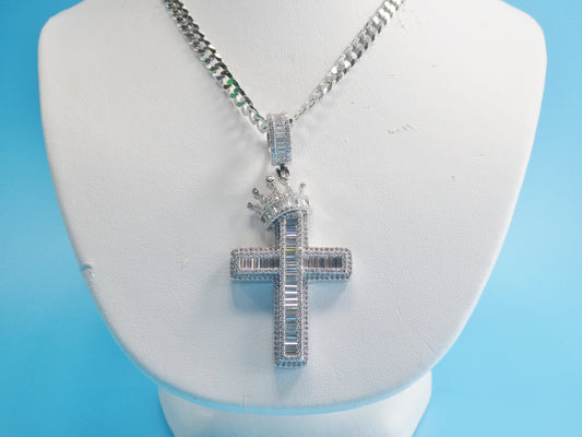 Sterling Silver Crown Cross Pendant: 14k White Gold Tone Cuban Chain