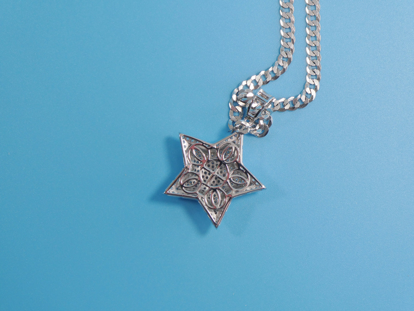 Sterling Silver Star Pendant: 14k White Gold Tone Cuban Chain