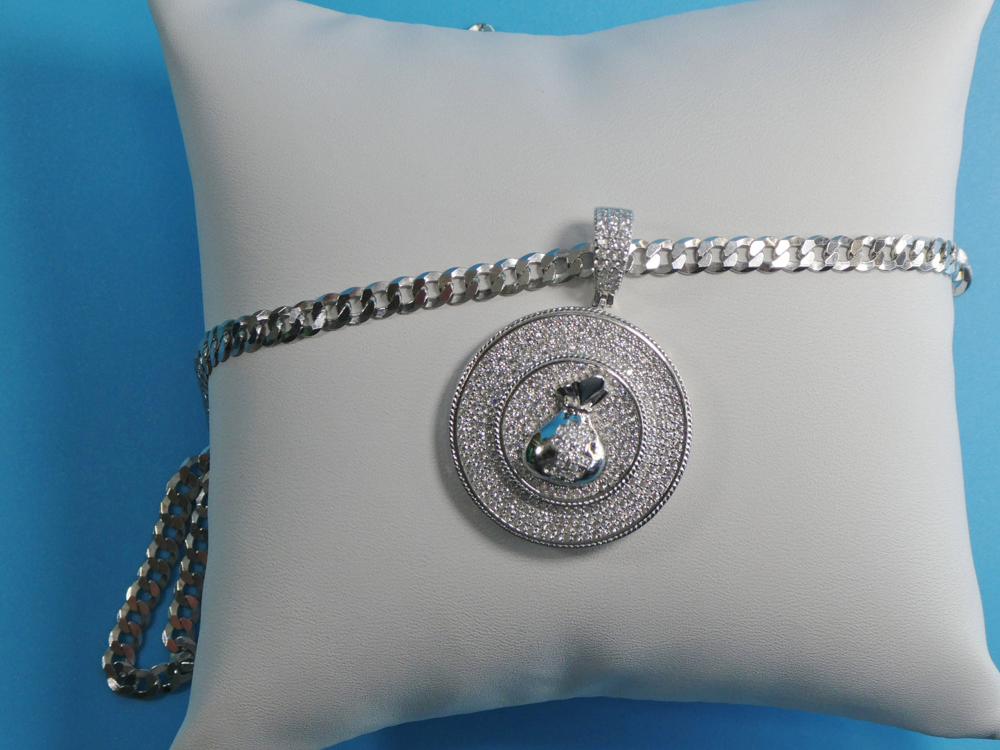 Sterling Silver Money Sign Pendant: 14k White Gold Tone Cuban Chain
