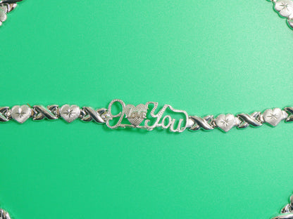 Sterling Silver XOXO Necklace Bracelet Set - 14k White Gold Tone