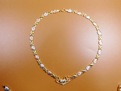 Sterling Silver XOXO Necklace Bracelet Set: Tri Color Gold Tone