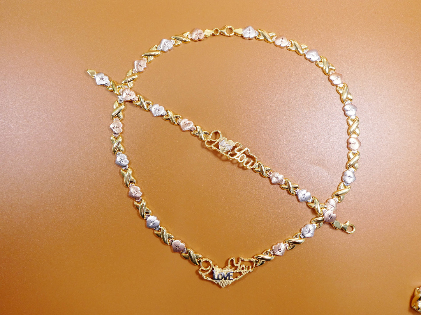 Sterling Silver XOXO Necklace Bracelet Set: Tri Color Gold Tone