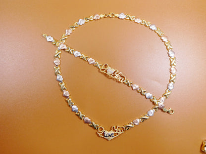 Sterling Silver XOXO Necklace Bracelet Set: Tri Color Gold Tone