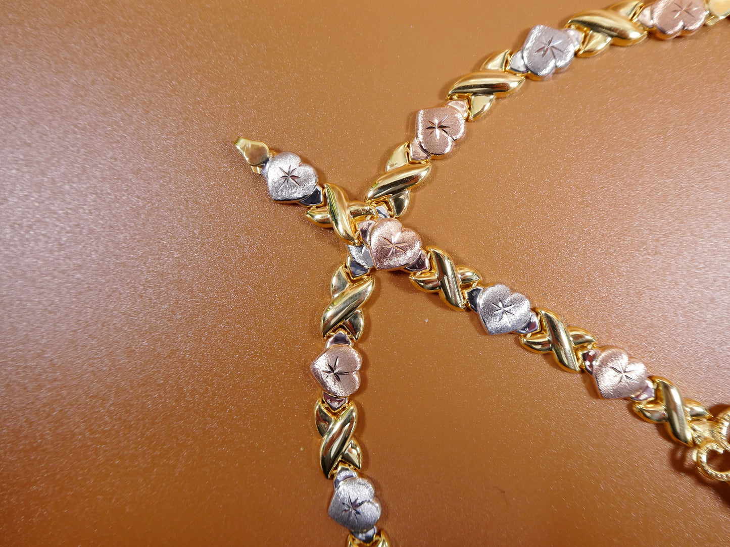 Sterling Silver XOXO Necklace Bracelet Set: Tri Color Gold Tone