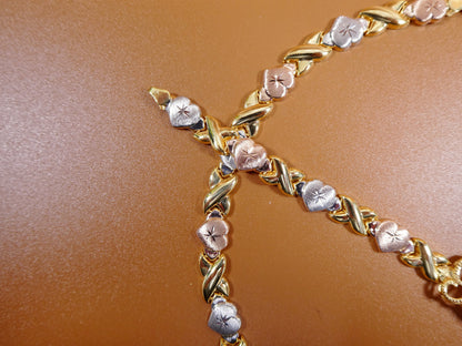 Sterling Silver XOXO Necklace Bracelet Set: Tri Color Gold Tone
