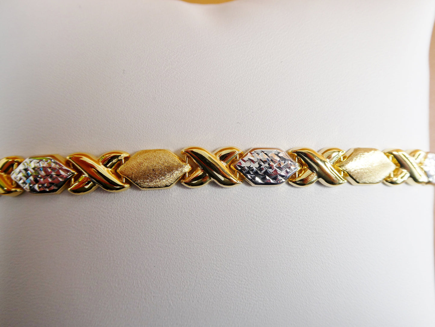 Two Tone XOXO Bracelet: 14k Yellow Gold Finish, Sterling Silver, 8 Inch