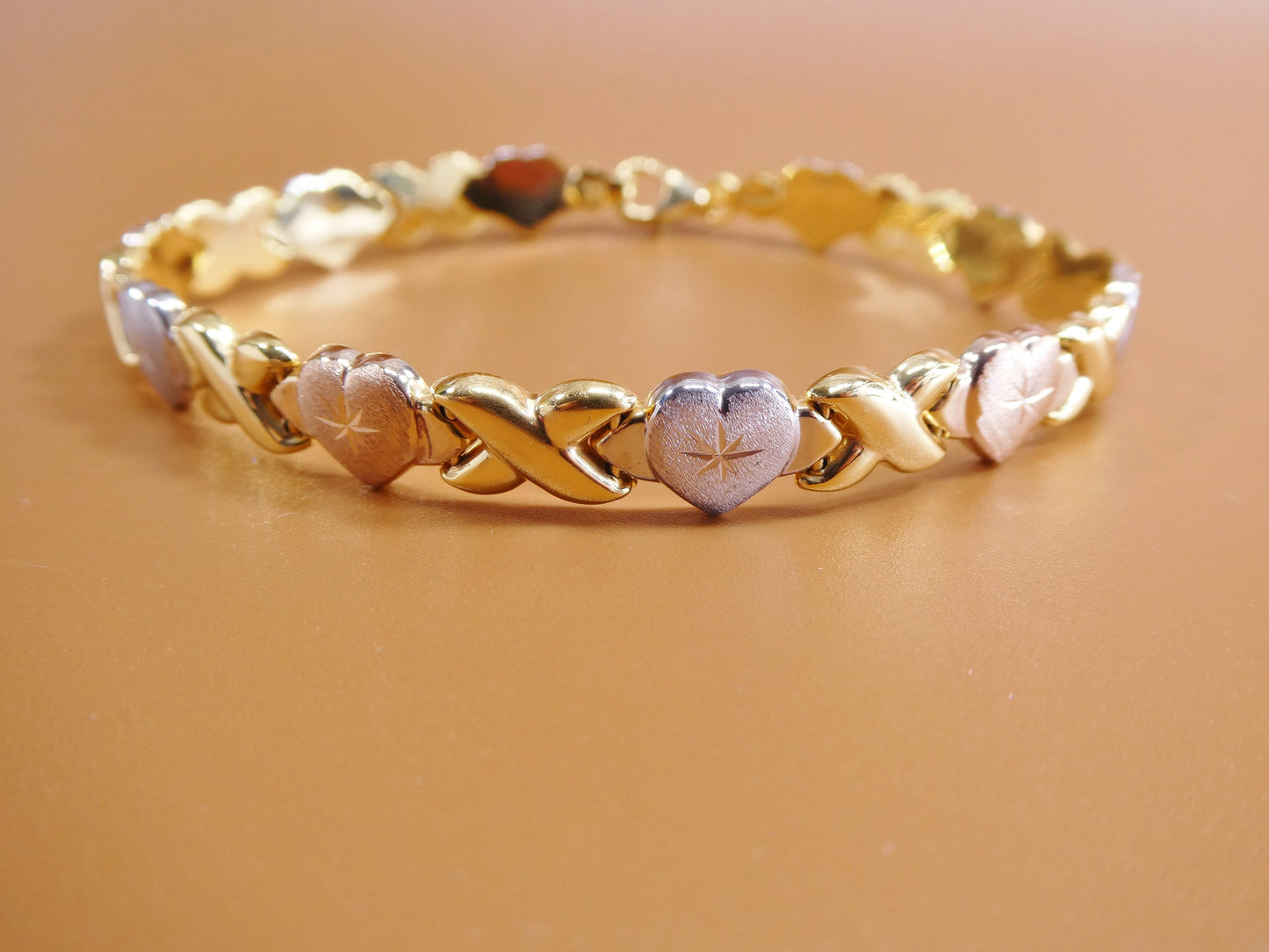 Tri-Color Heart XOXO Bracelet: 14k Gold Finish, Sterling Silver