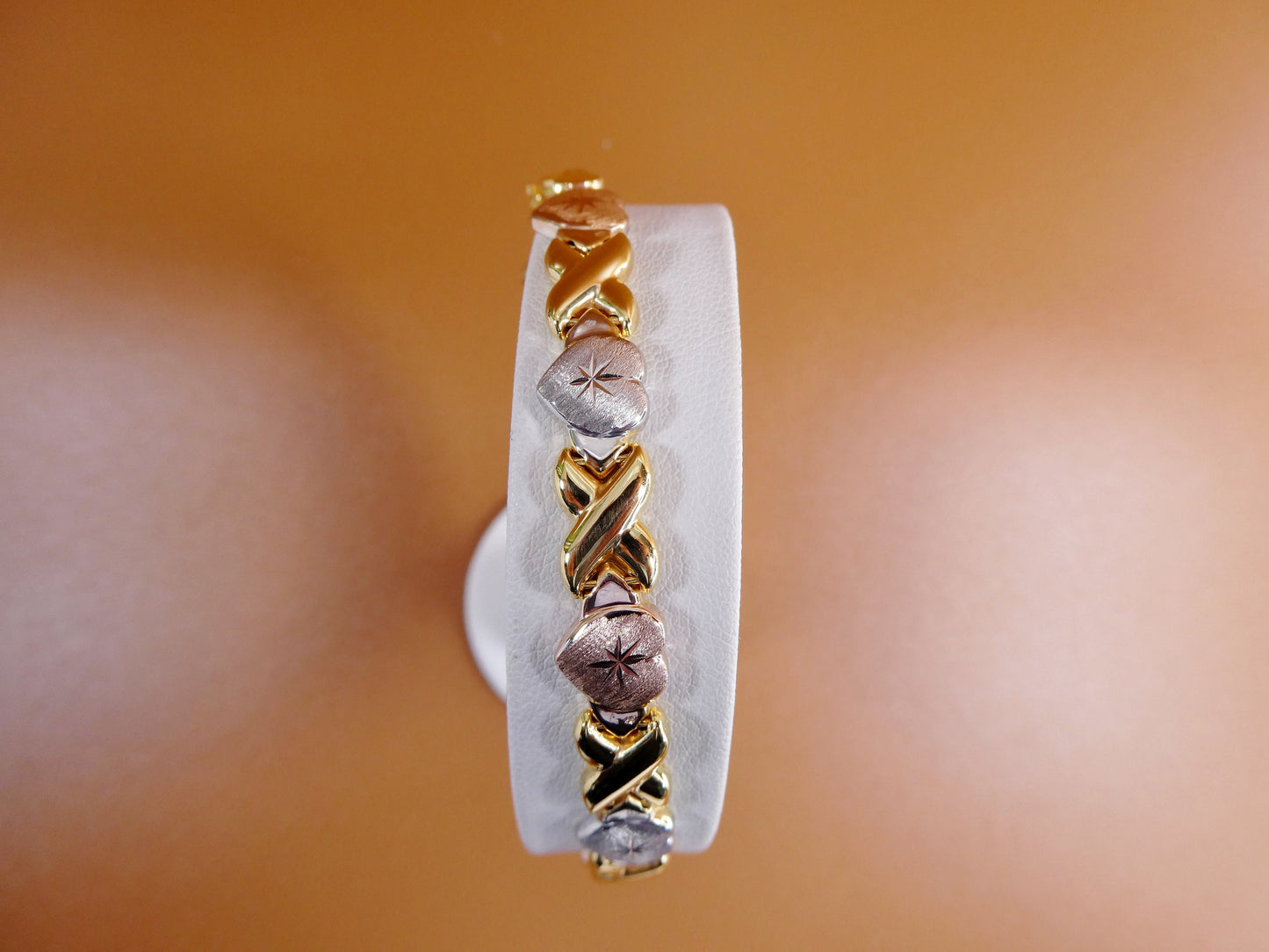 Tri-Color Heart XOXO Bracelet: 14k Gold Finish, Sterling Silver
