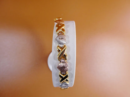 Tri-Color Heart XOXO Bracelet: 14k Gold Finish, Sterling Silver