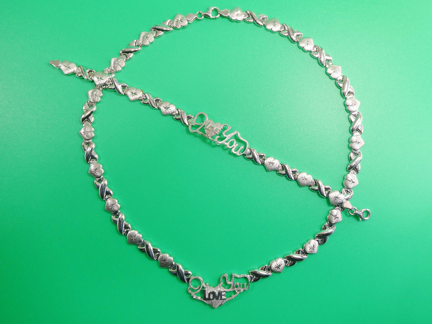 Sterling Silver XOXO Necklace Bracelet Set - 14k White Gold Tone