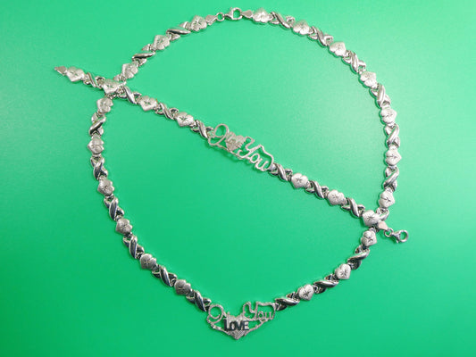 Sterling Silver XOXO Necklace Bracelet Set - 14k White Gold Tone
