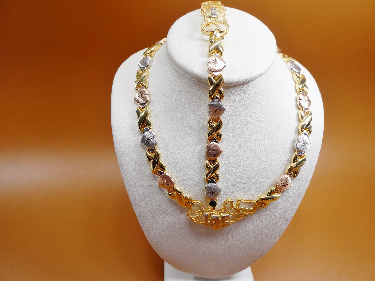Sterling Silver XOXO Necklace Bracelet Set: Tri Color Gold Tone