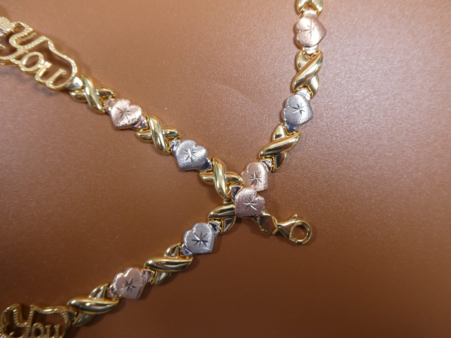 Sterling Silver XOXO Necklace Bracelet Set: Tri Color Gold Tone