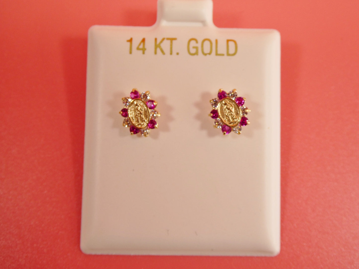 14k real solid yellow gold screw back Guadalupe virgin Mary earrings oval shape