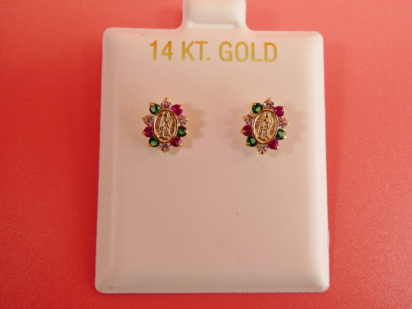 14k real solid yellow gold screw back Guadalupe virgin Mary earrings oval shape