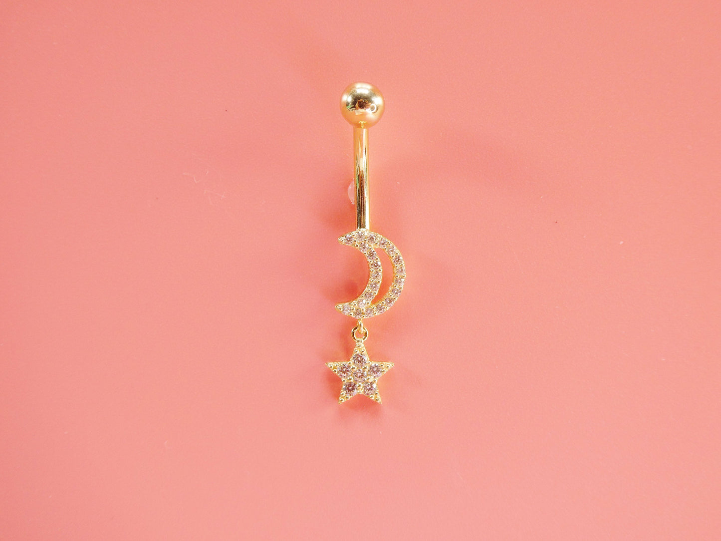 14k Real Solid Yellow Gold Moon And Star Belly Button Ring Piercing