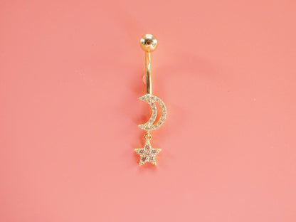 14k Real Solid Yellow Gold Moon And Star Belly Button Ring Piercing