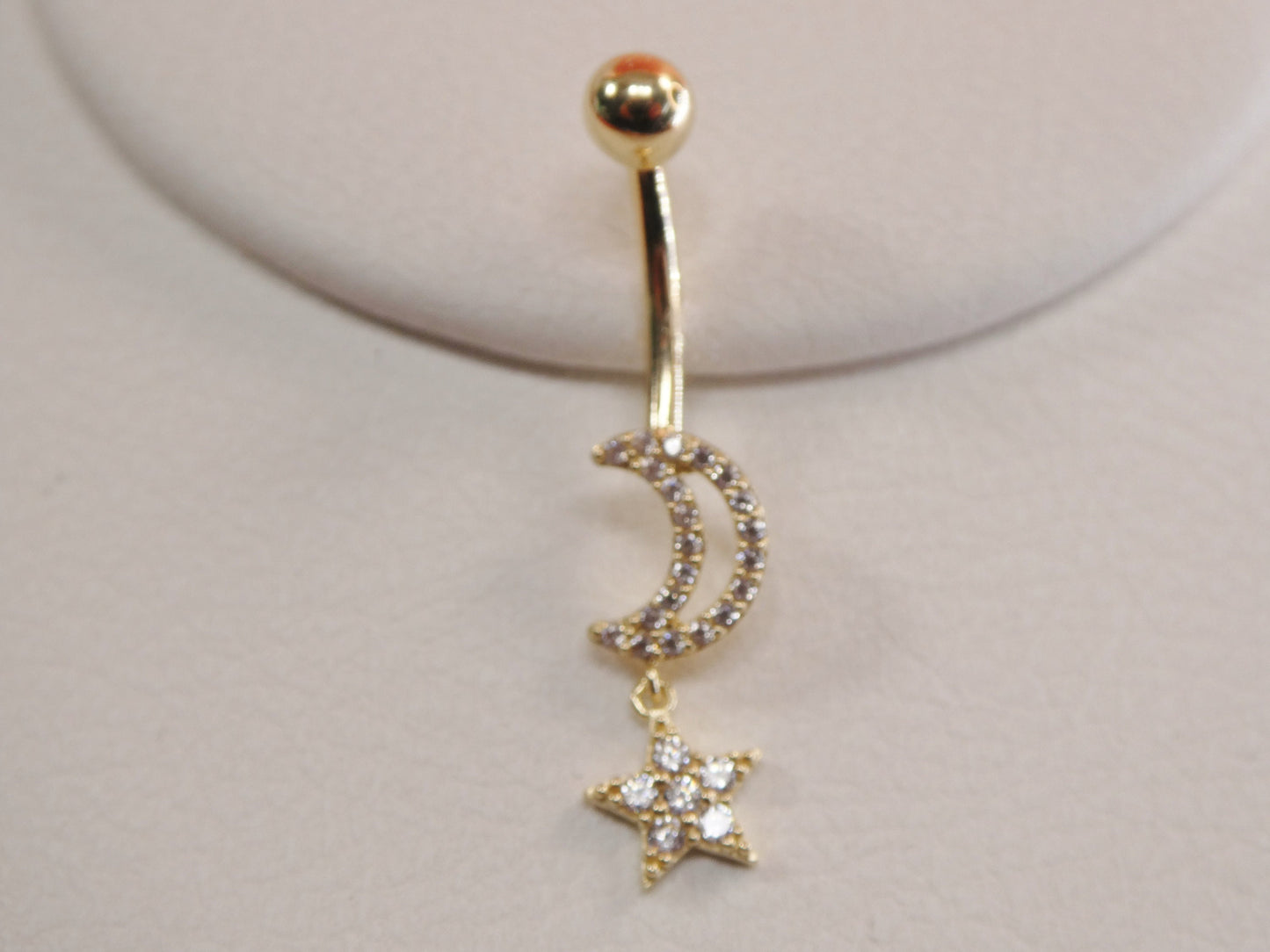 14k Real Solid Yellow Gold Moon And Star Belly Button Ring Piercing