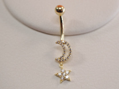 14k Real Solid Yellow Gold Moon And Star Belly Button Ring Piercing