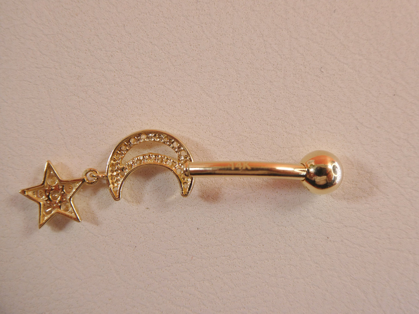 14k Real Solid Yellow Gold Moon And Star Belly Button Ring Piercing