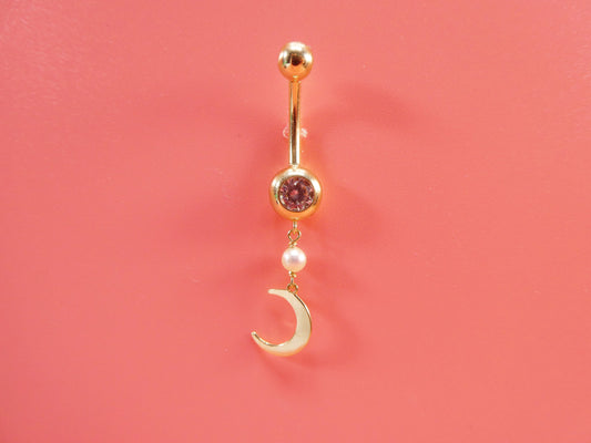 14k real solid yellow gold dangling moon belly button ring piercing