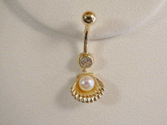 14k real solid yellow gold freshwater pearl shell belly button ring piercing