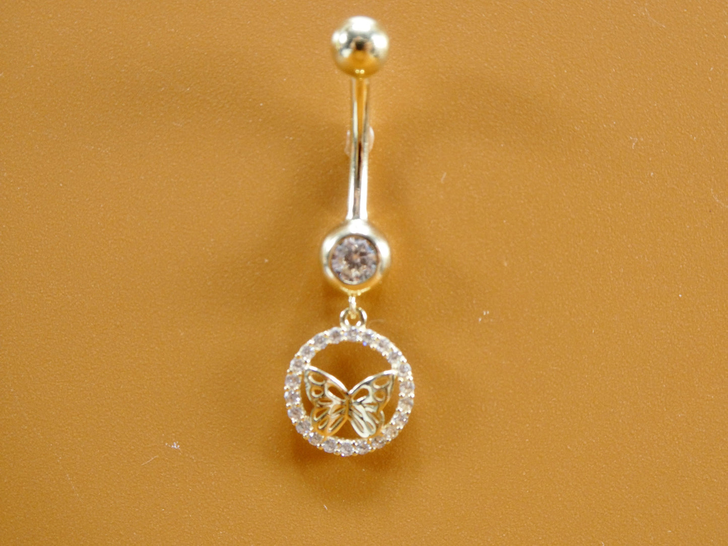 14k real solid yellow gold dangling circle butterfly belly button ring piercing