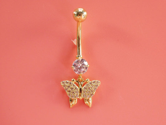 14k real solid yellow gold dangling butterfly belly button ring piercing
