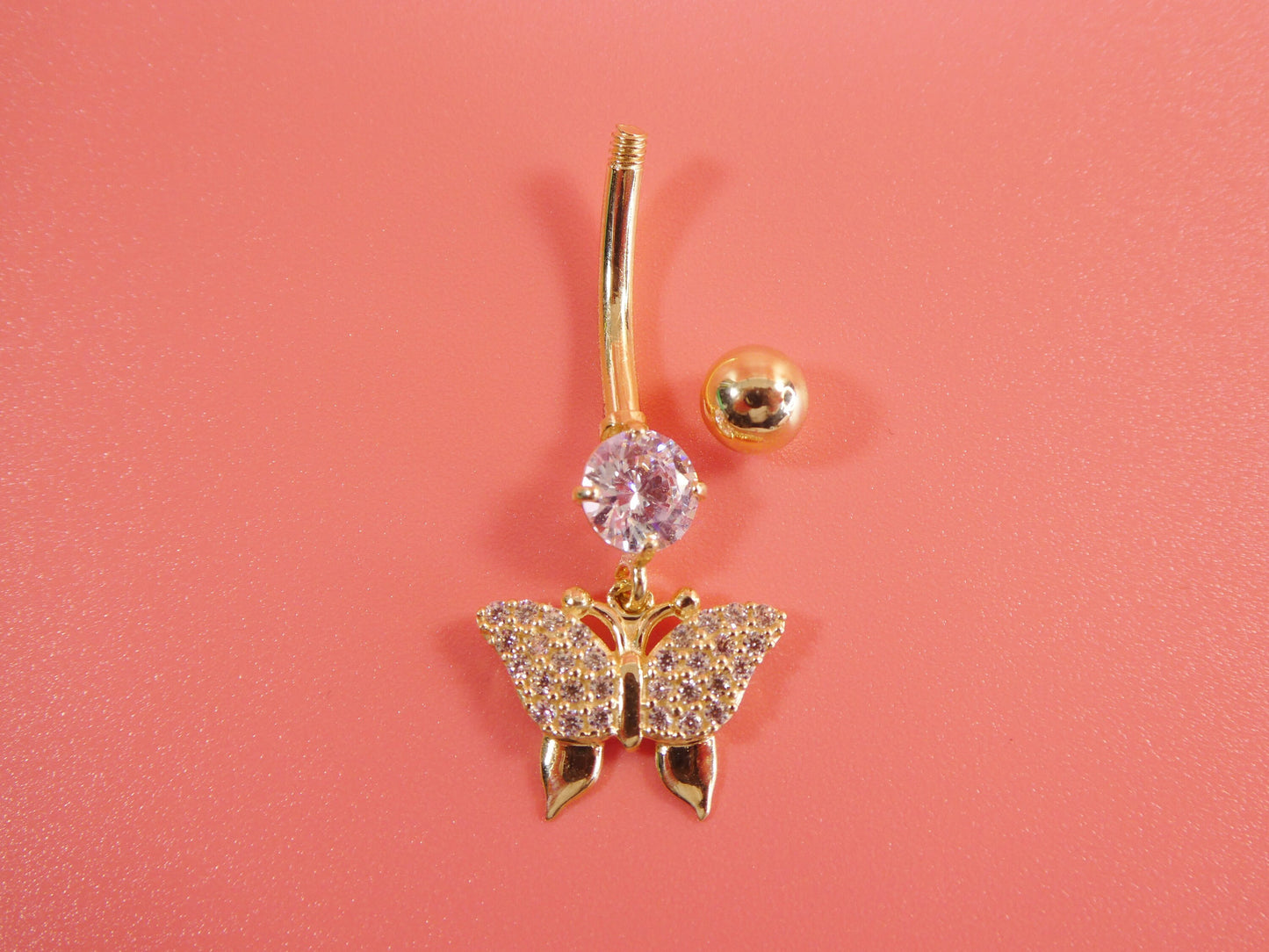 14k real solid yellow gold dangling butterfly belly button ring piercing