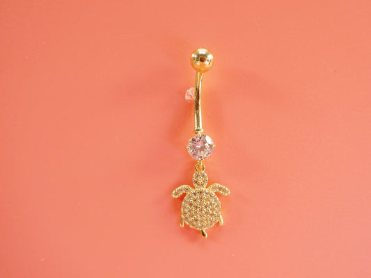 14k real solid yellow gold dangling turtle belly button ring piercing