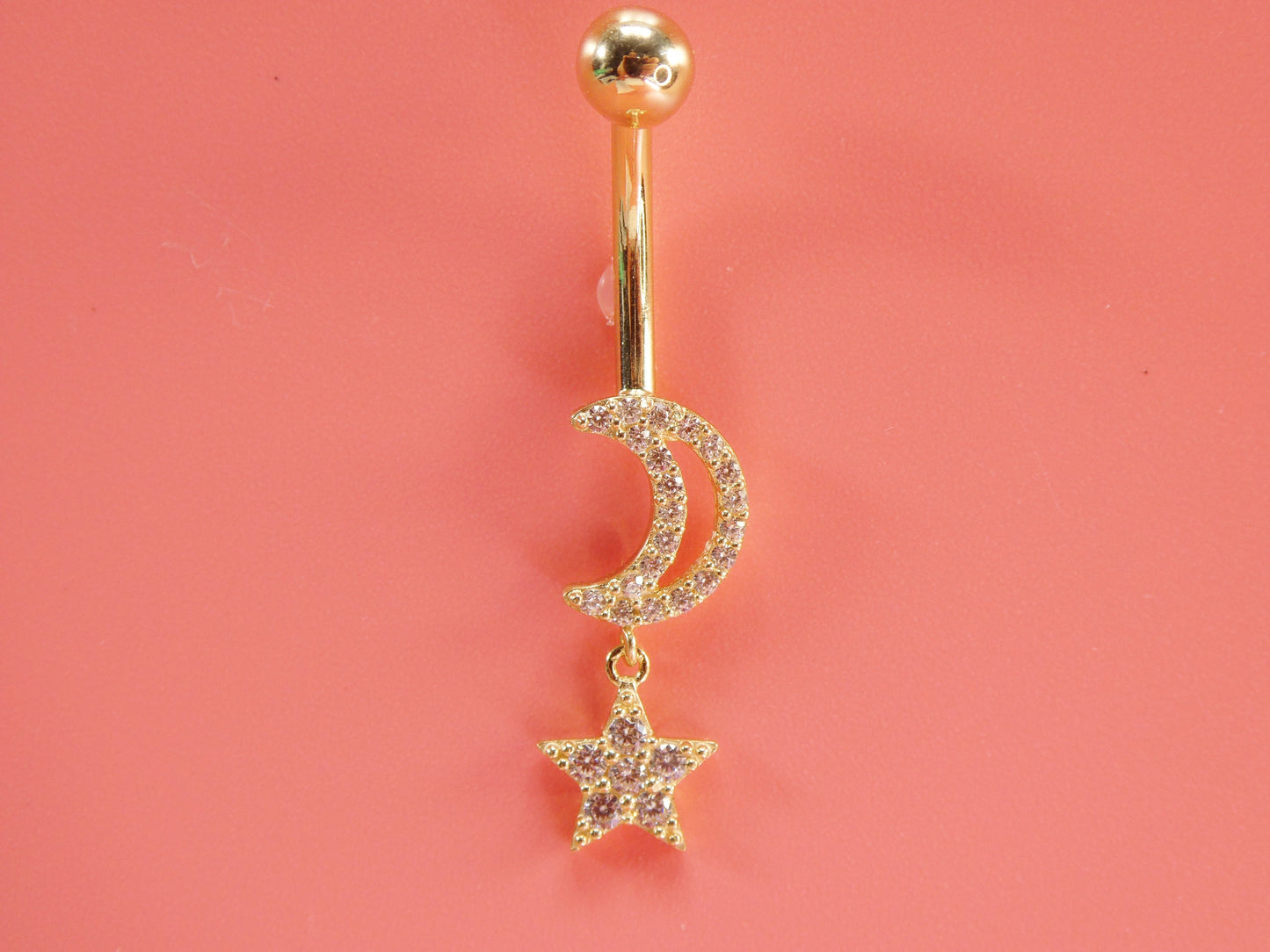 14k Real Solid Yellow Gold Moon And Star Belly Button Ring Piercing