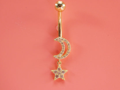 14k Real Solid Yellow Gold Moon And Star Belly Button Ring Piercing