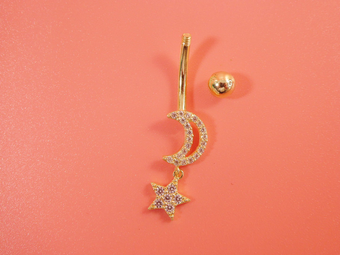 14k Real Solid Yellow Gold Moon And Star Belly Button Ring Piercing