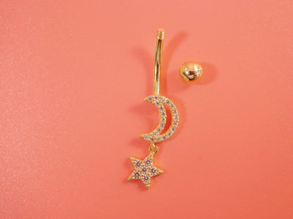 14k Real Solid Yellow Gold Moon And Star Belly Button Ring Piercing
