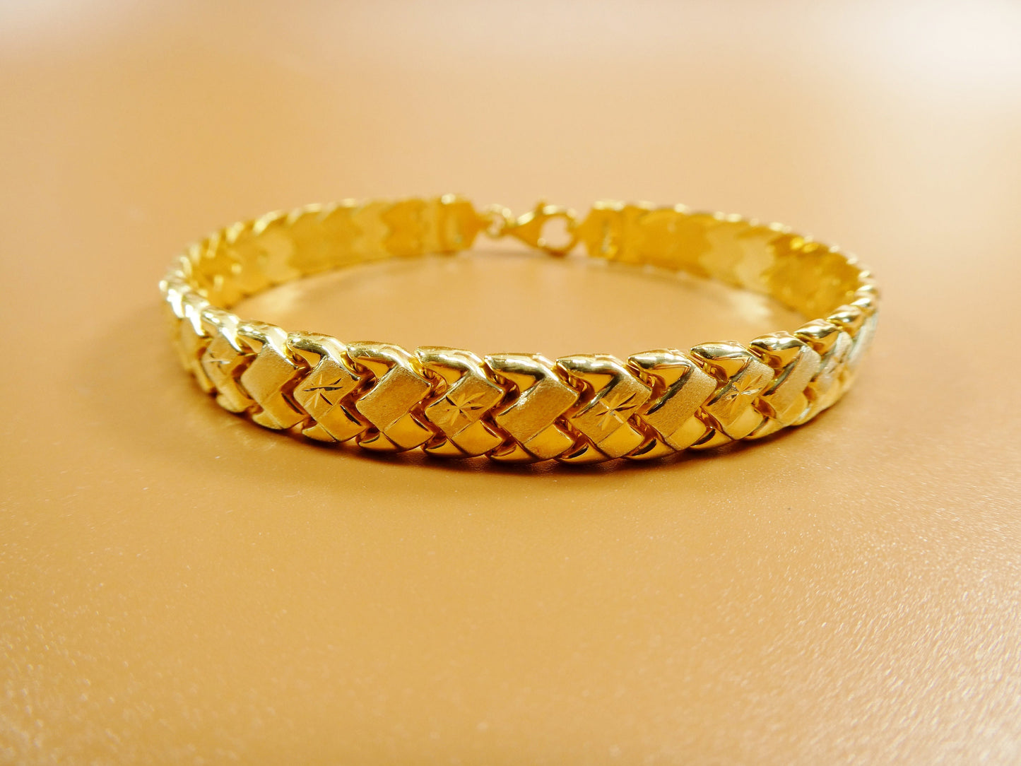 Stamped Basket Bracelet: 14k Yellow Gold Finish, Sterling Silver