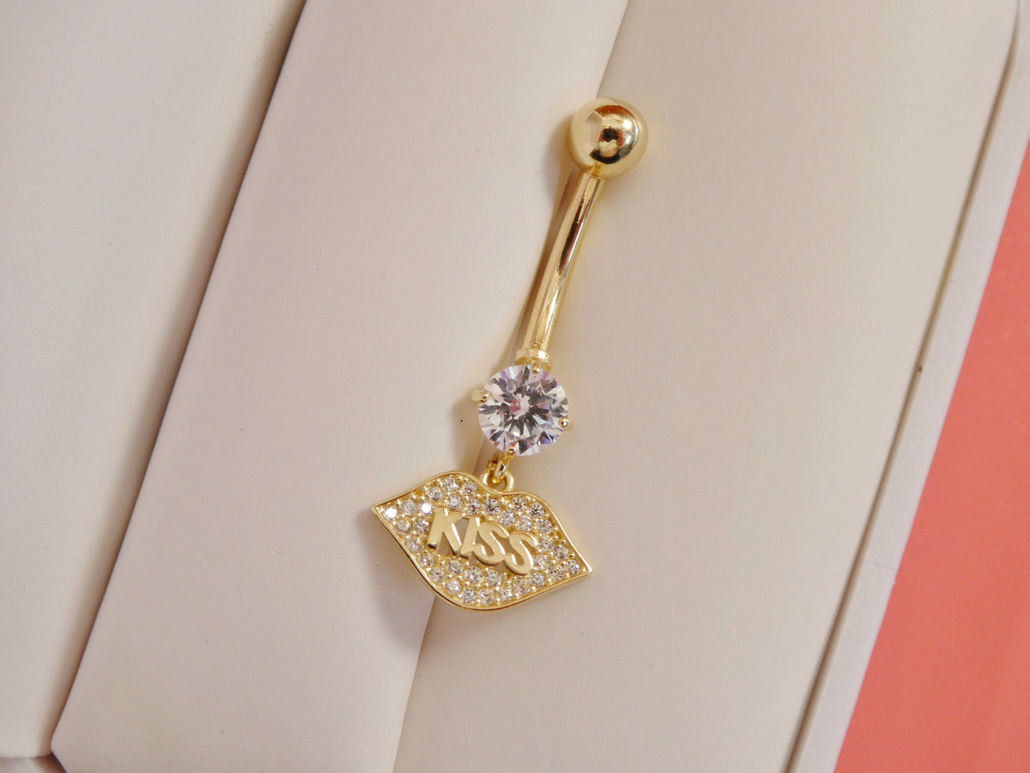 14k real solid yellow gold dangling logo kiss lips belly button ring piercing