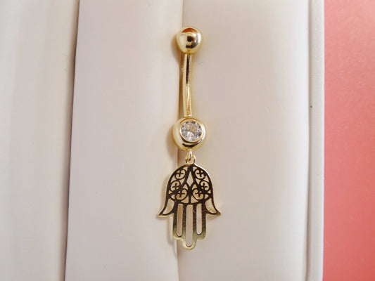 14k real solid yellow gold dangling hamsa hand belly button ring piercing