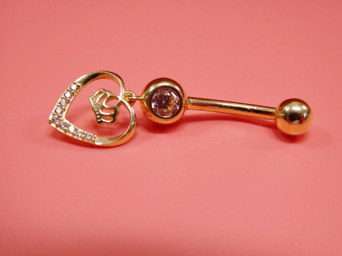 14k real solid yellow gold dangling crown heart belly button ring piercing