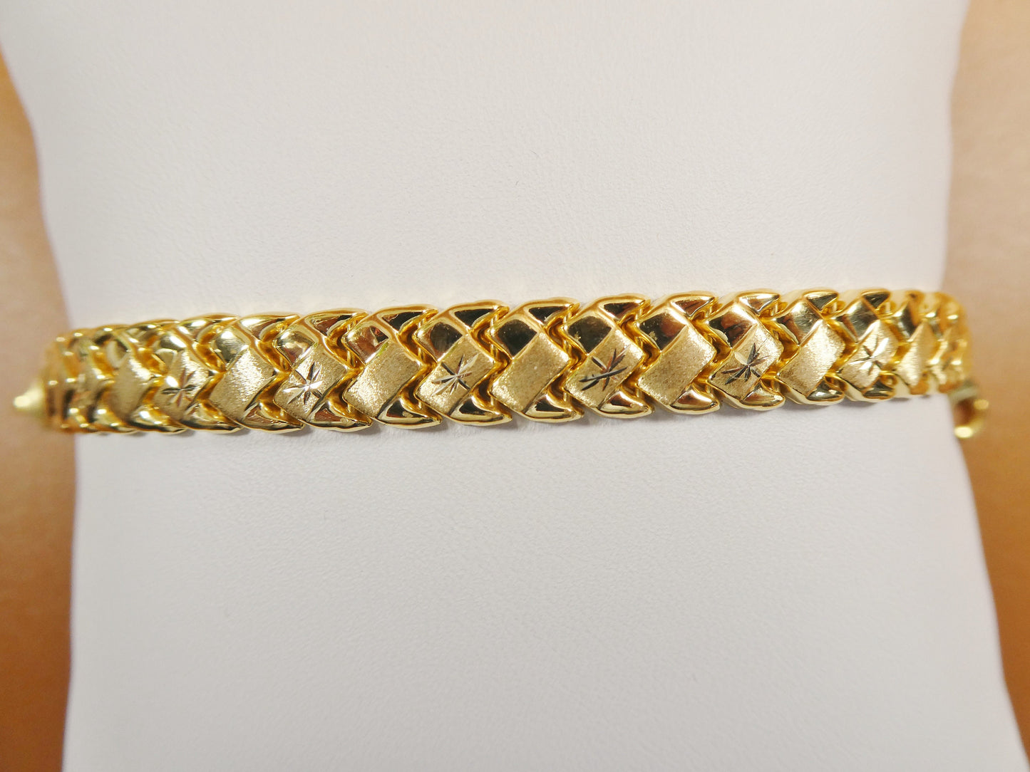 Stamped Basket Bracelet: 14k Yellow Gold Finish, Sterling Silver