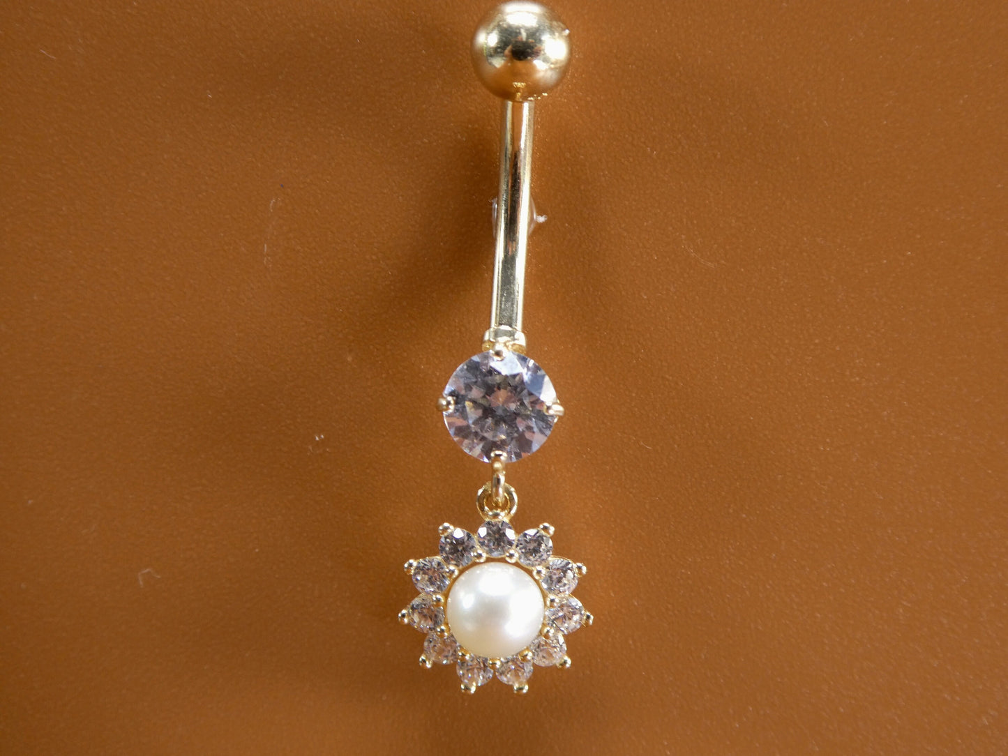 14k real solid yellow gold dangling freshwater real pearl belly button ring piercing