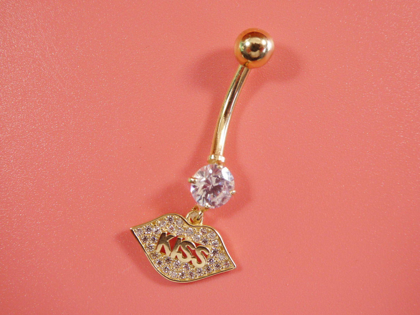 14k real solid yellow gold dangling logo kiss lips belly button ring piercing