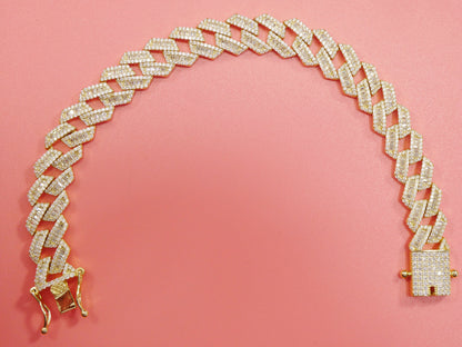 14k Yellow Gold Color Monaco Bracelet: Baguette Sterling Silver, 8.5 Inch