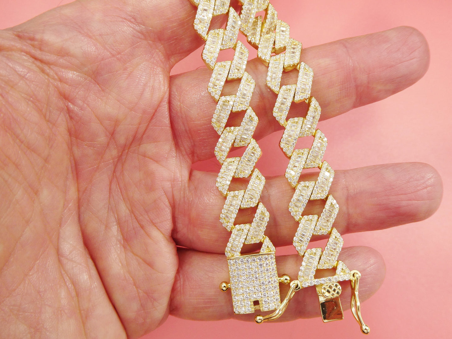 14k Yellow Gold Color Monaco Bracelet: Baguette Sterling Silver, 8.5 Inch