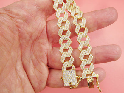 14k Yellow Gold Color Monaco Bracelet: Baguette Sterling Silver, 8.5 Inch