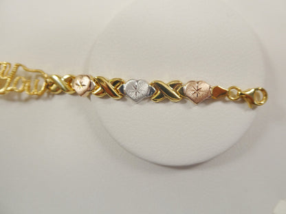 Sterling Silver 'I Love You' Bracelet: Tri-Color Heart XOXO Design