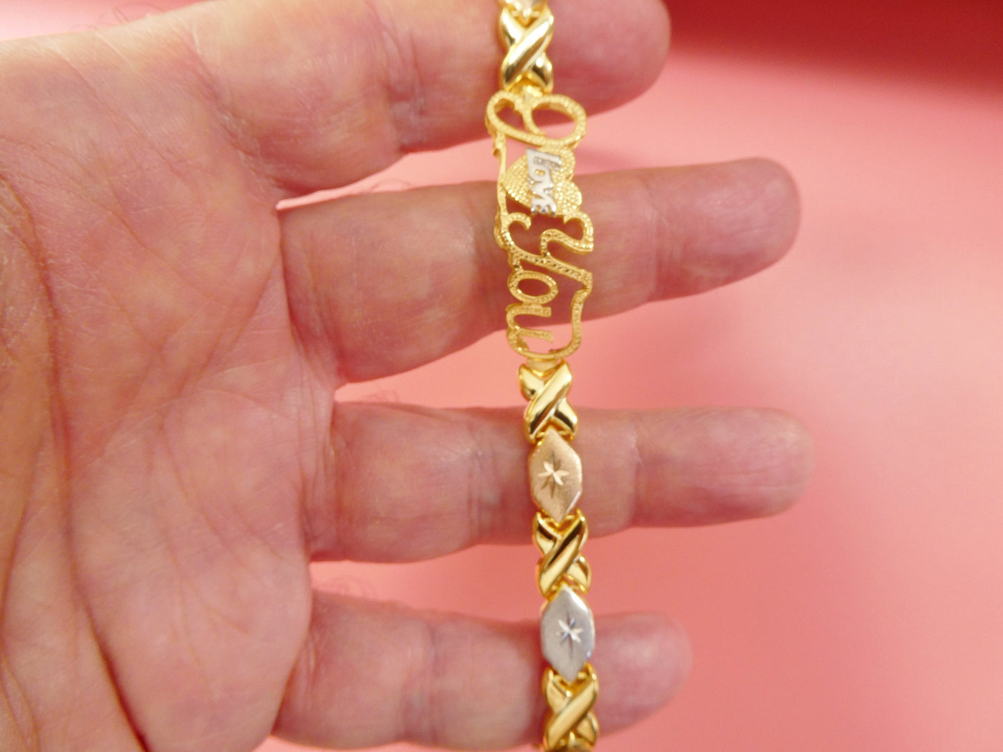 Sterling Silver I Love You XO Bracelet - Tri Color 14k Gold Finish