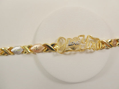 Sterling Silver I Love You XO Bracelet - Tri Color 14k Gold Finish