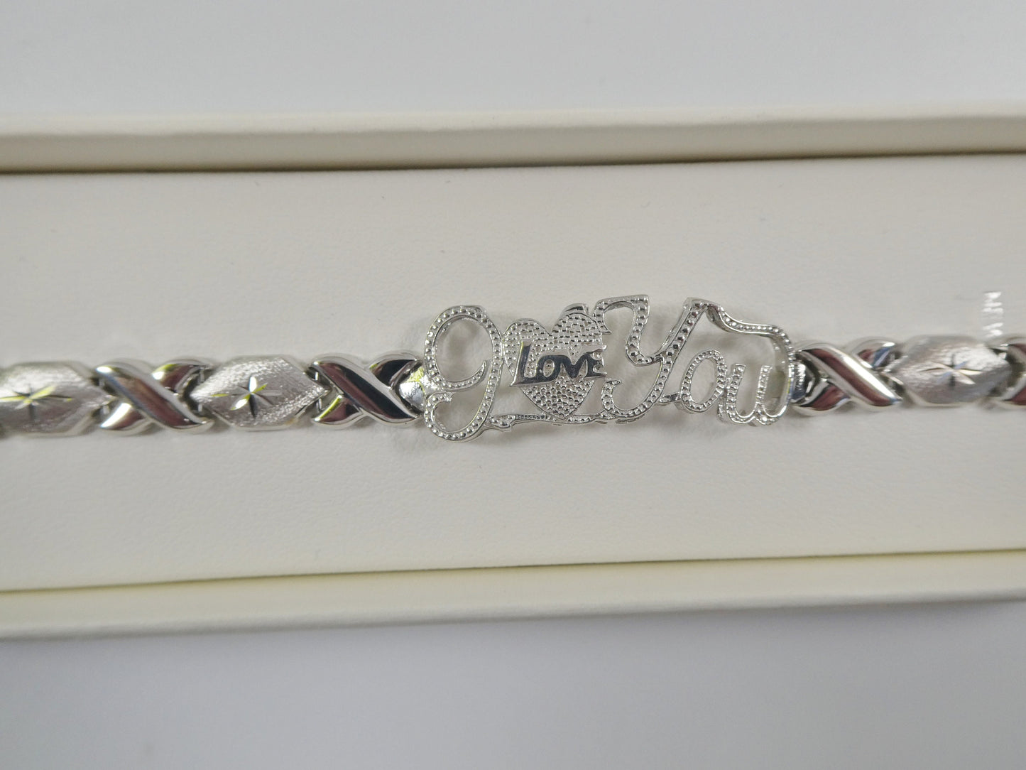 Sterling Silver I Love You XO Bracelet - 14k White Gold Finish