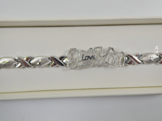 Sterling Silver I Love You XO Bracelet - 14k White Gold Finish