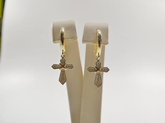 10k real solid gold cross dangle on plain huggie fancy earrings